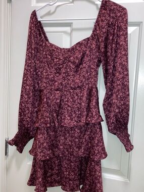 Altar’d State Women’s Burgundy Floral Tiered Mini Dress Size XS